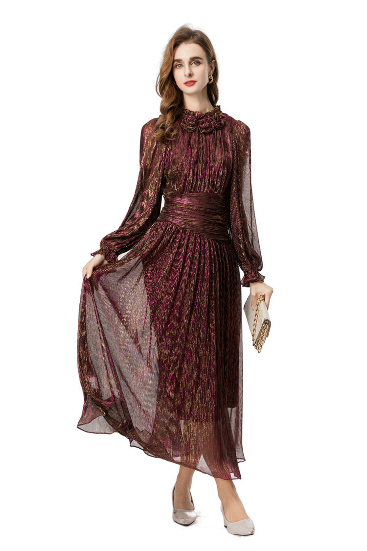 Burgundy Metallic Thread Ruched Waist Maxi Dress with Beaded Neckline