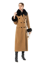 Camel Wool Blend Long Coat with Black Faux Fur Collar & Cuffs SP10112