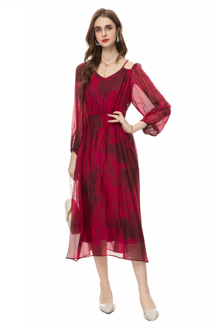 Silk Asymmetrical V-Neck Cinched Waist Midi Dress – French Luxury SP10029