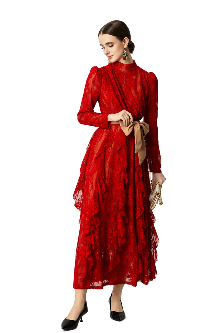 High Neck Lace Ruffle Hem Maxi Dress with Detachable Belt SP10045