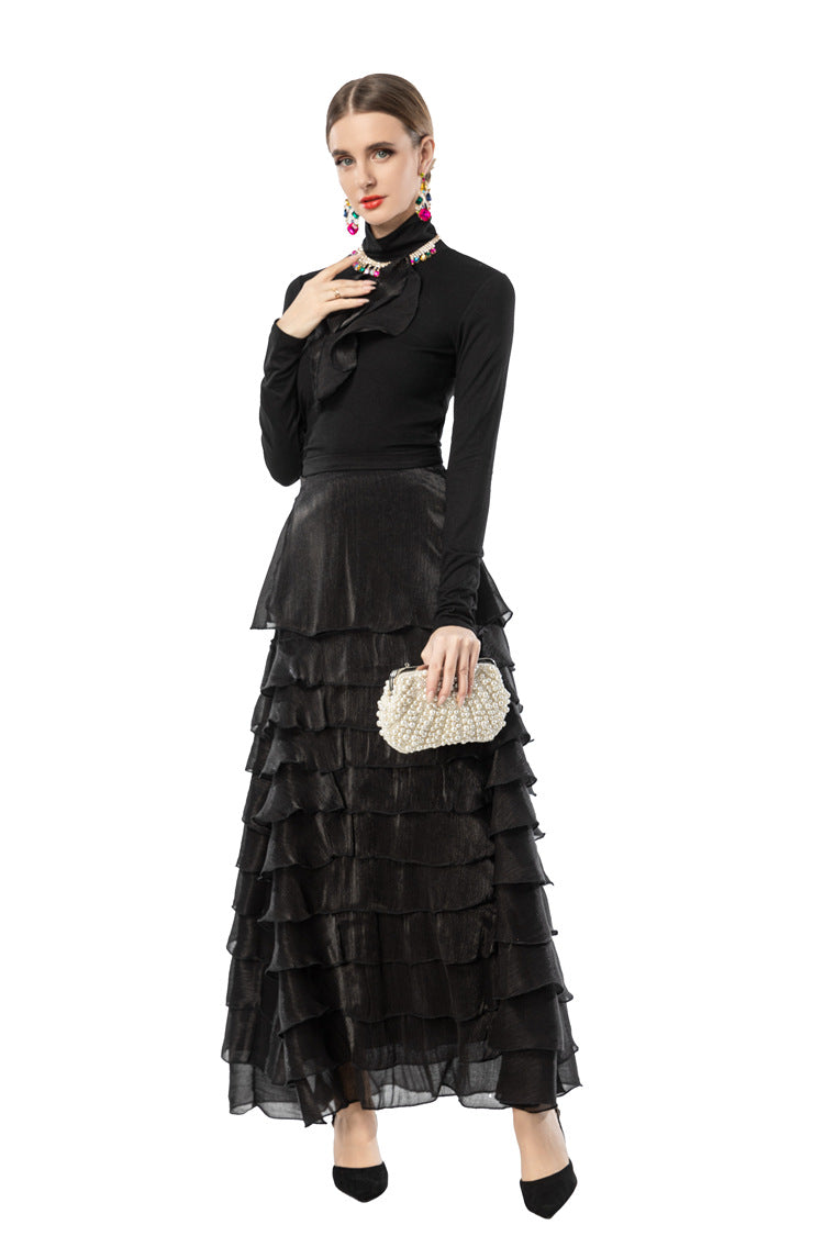 Black 2-Piece Ruffle Tiered Maxi Dress with Ruffle Neck Top SP10105