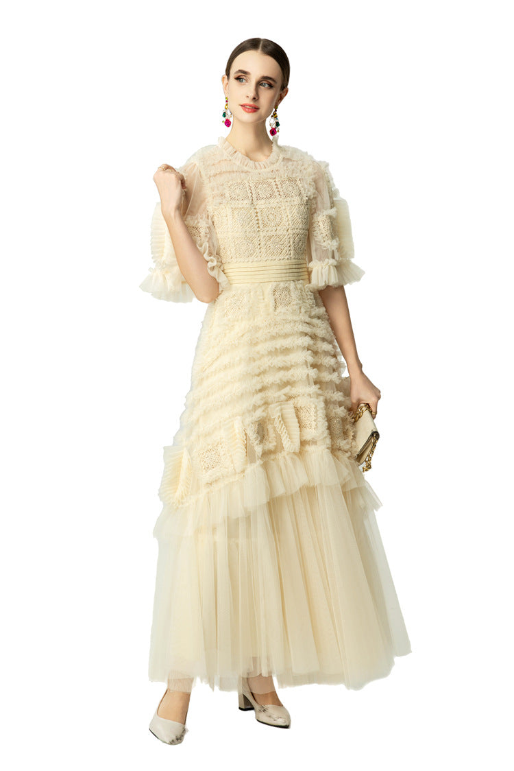 Cream Crochet Lace Tiered Tulle Cake Dress SP10056