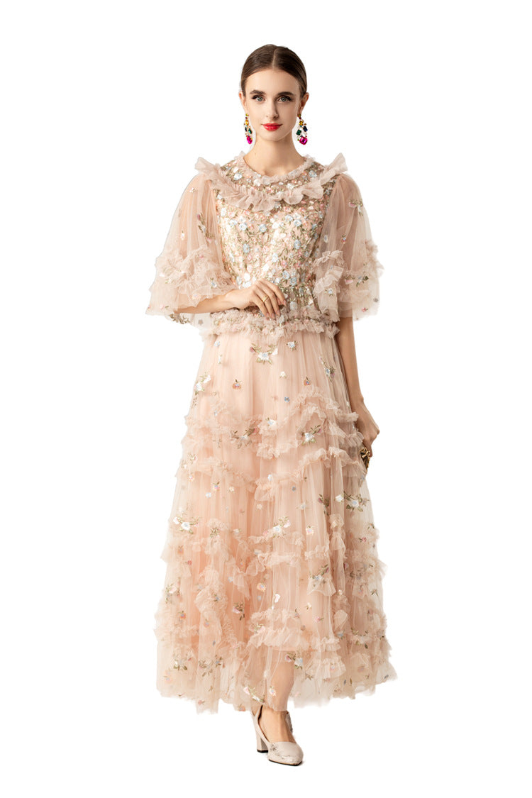 Ruffled Neck 3D Floral Tiered Tulle Maxi Dress SP10077