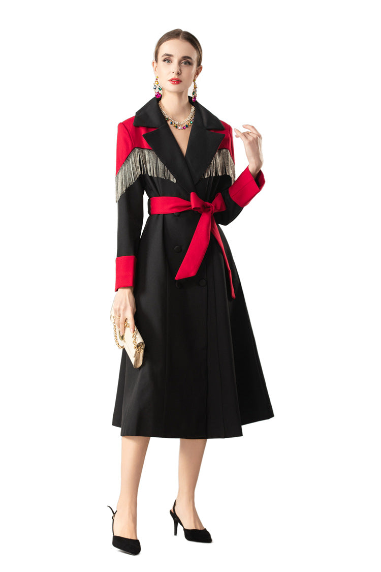 Fringe Trim Color-Block Double-Breasted Trench Dress SP10074