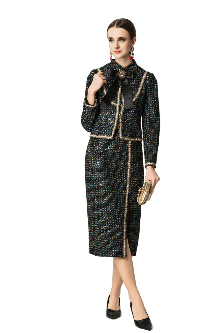 Tweed Bow Tie Jacket & Slit Pencil Skirt Two-Piece Set SP10044
