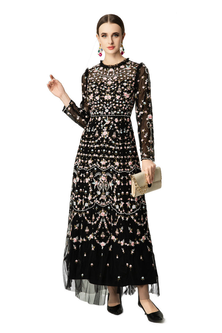 Black Floral Bird Embroidered Ruffled Neck Tulle Maxi Dress SP10036