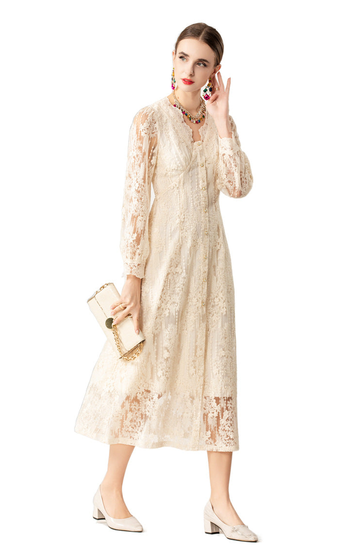 Scalloped V-Neck Lace Embroidered Midi Dress with Lining SP10071