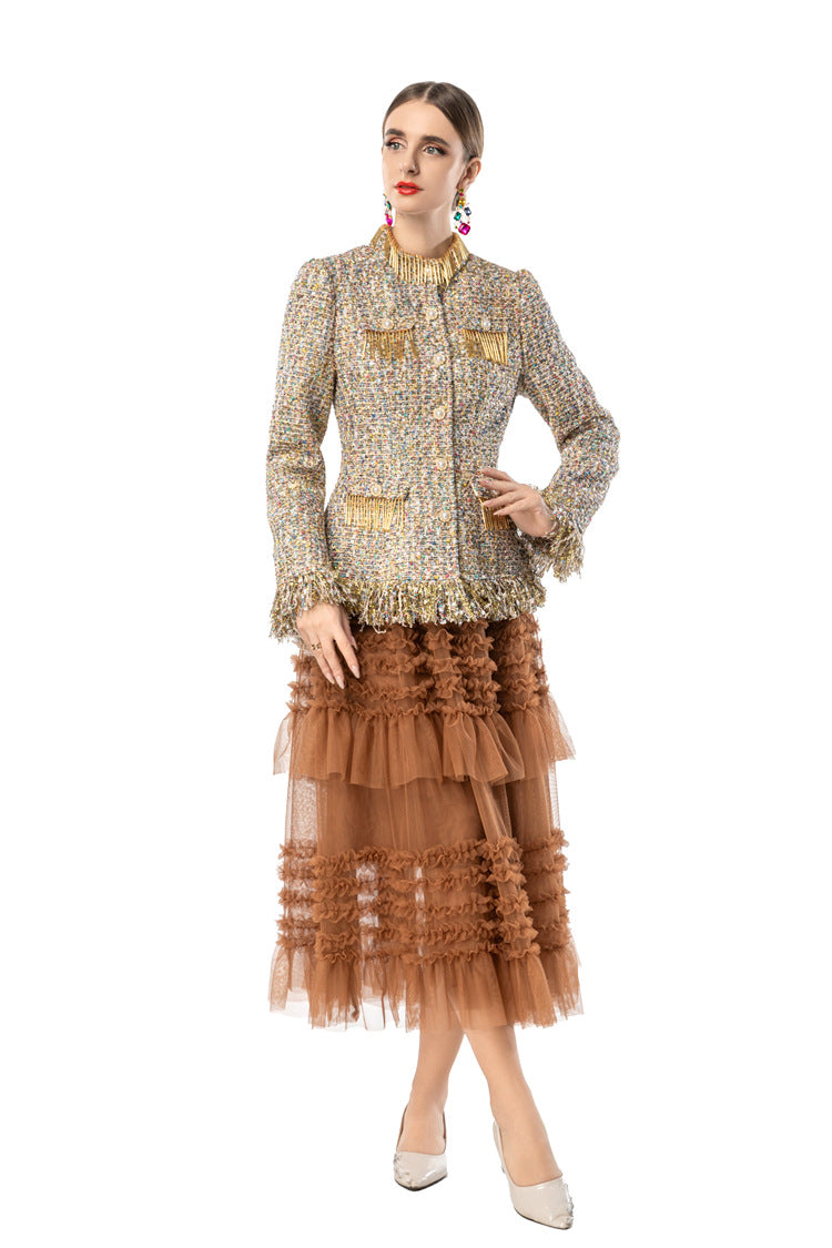 Women's Tweed 2-Piece Set, Gold Fringe Trim Tweed Jacket + Brown Tiered Tulle Maxi Skirt SP10107