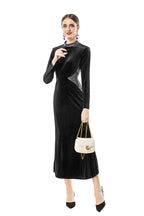 Black Velvet Midi Dress with Rhinestone Neckline & Reflective Waist Accents - Timeless Elegance Meets Modern Glamour SP10101