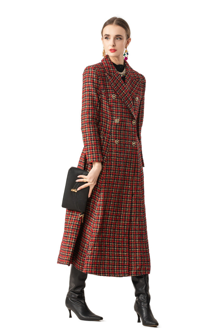 Red Plaid Tweed Double-Breasted Maxi Coat Dress SP10079