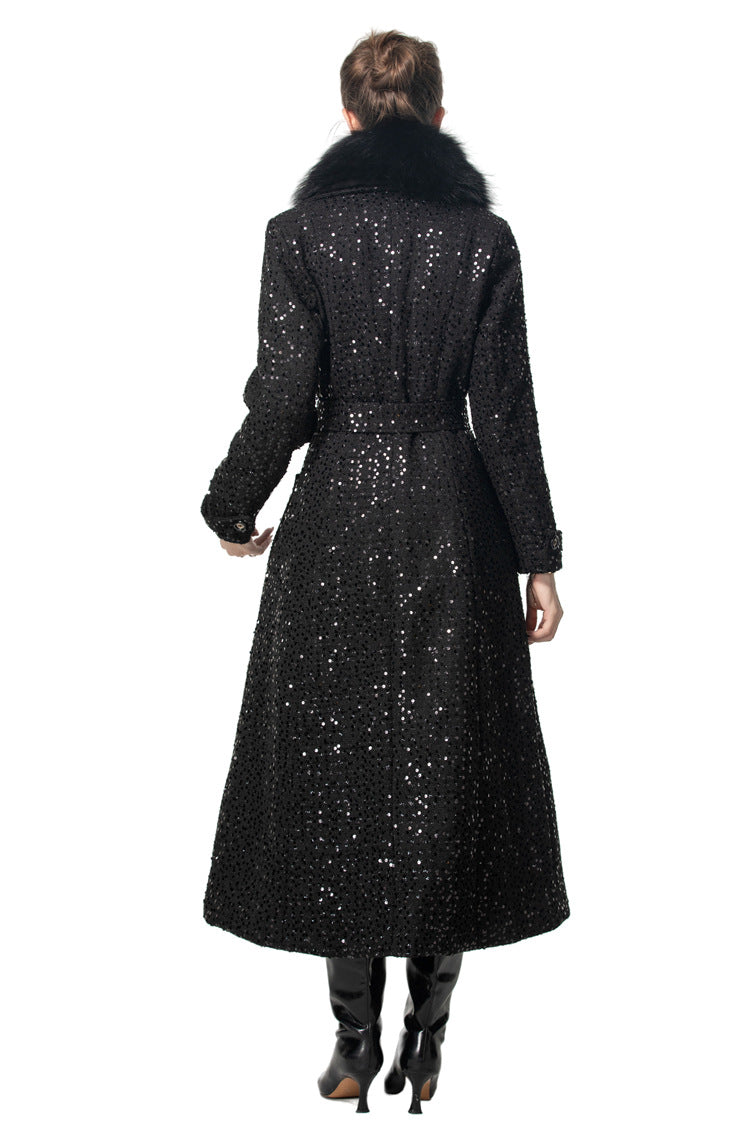 Sequin Embellished Belted Maxi Trench Coat – French Luxury Winter Overcoat SP10027