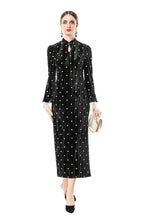Velvet Polka Dot Lace Flare Sleeve Qipao Midi Dress SP10095