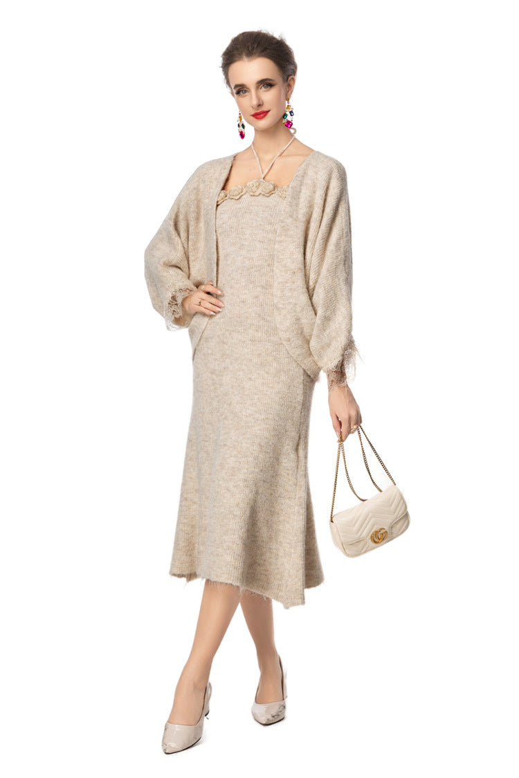 3D Floral Halter Dress & Lace Cuff Knit Cardigan Two-Piece Set SP10099