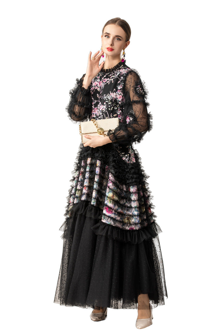 Ruffled High Neck 3D Floral Tiered Tulle Maxi Dress SP10083