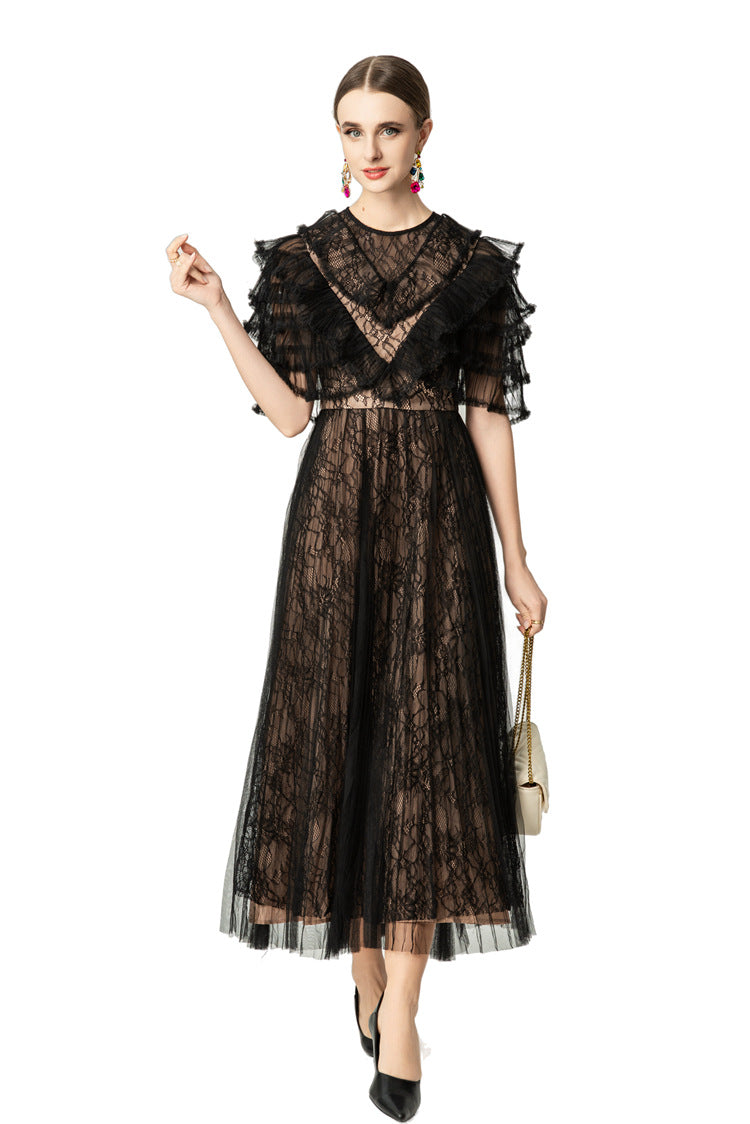 Black Lace Fake Two-Piece Ruffled Sleeve Maxi Dress SP10043