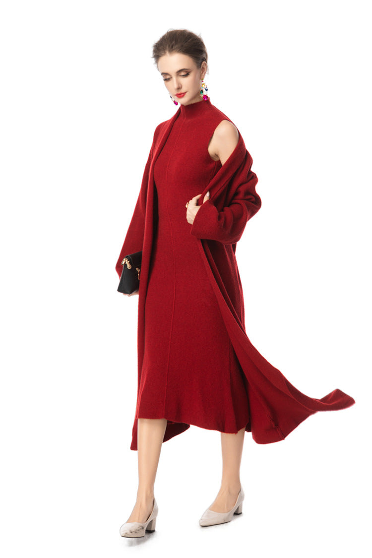 Turtleneck Dress & Long Knit Cardigan Two-Piece Set SP10097