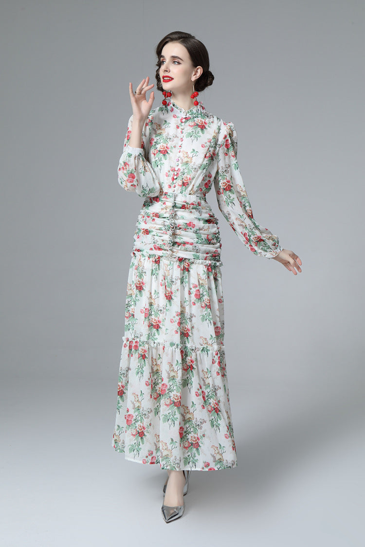Floral Print Ruched Waist Tiered Chiffon Maxi Dress SP10032