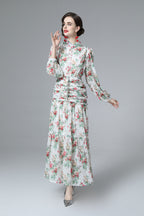 Floral Print Ruched Waist Tiered Chiffon Maxi Dress SP10032