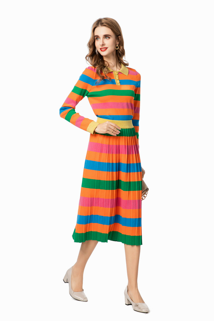 Rainbow Striped Knit Polo Top & Pleated Skirt Set SP10007