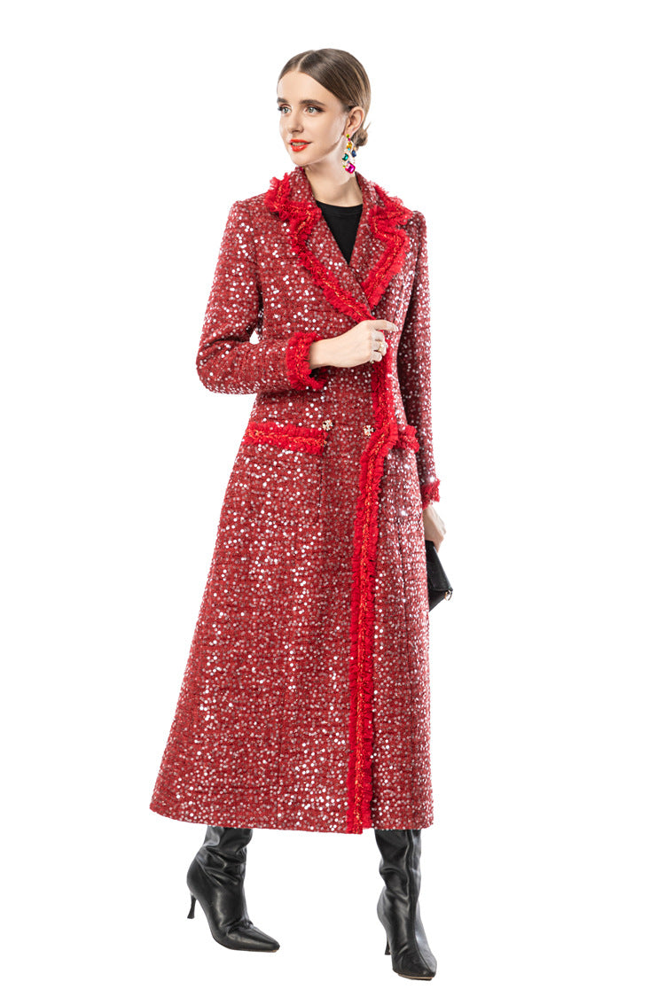 Red Sequin Fringe Trim Double-Breasted Maxi Coat SP10093