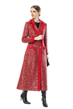 Red Sequin Fringe Trim Double-Breasted Maxi Coat SP10093