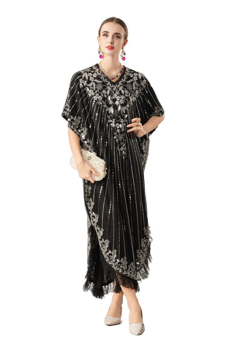 Silver Sequin Embellished Boho Kaftan Maxi Dress SP10068