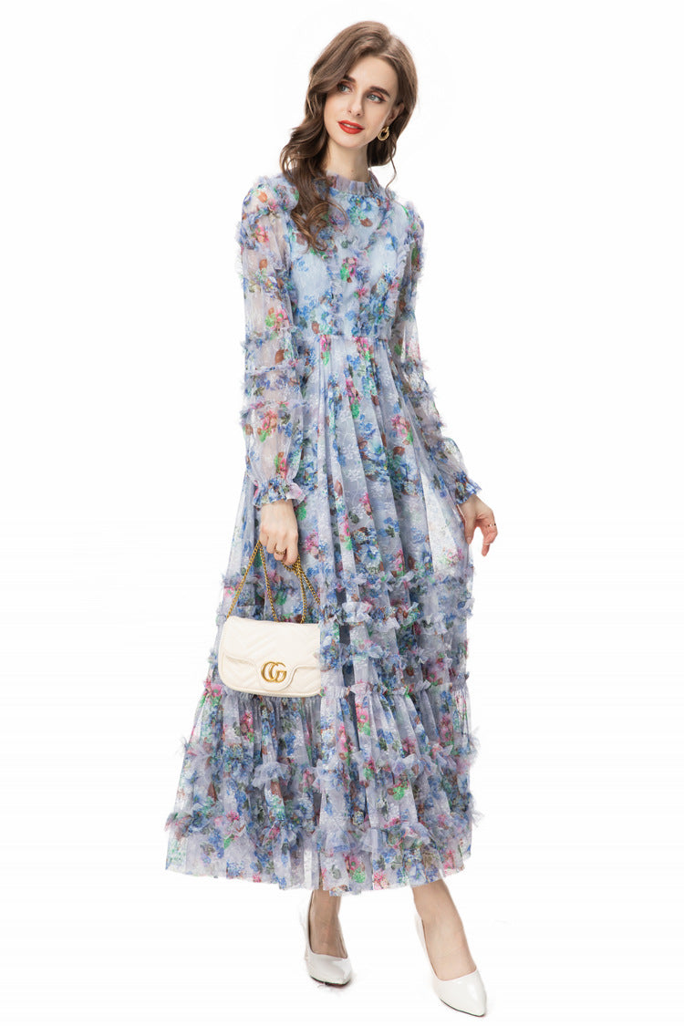 Light Blue Floral Ruffled Tulle Tiered Maxi Dress – French Fairy Style SP10011