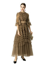 Taupe Geometric Sequin Tiered Tulle Maxi Dress SP10040