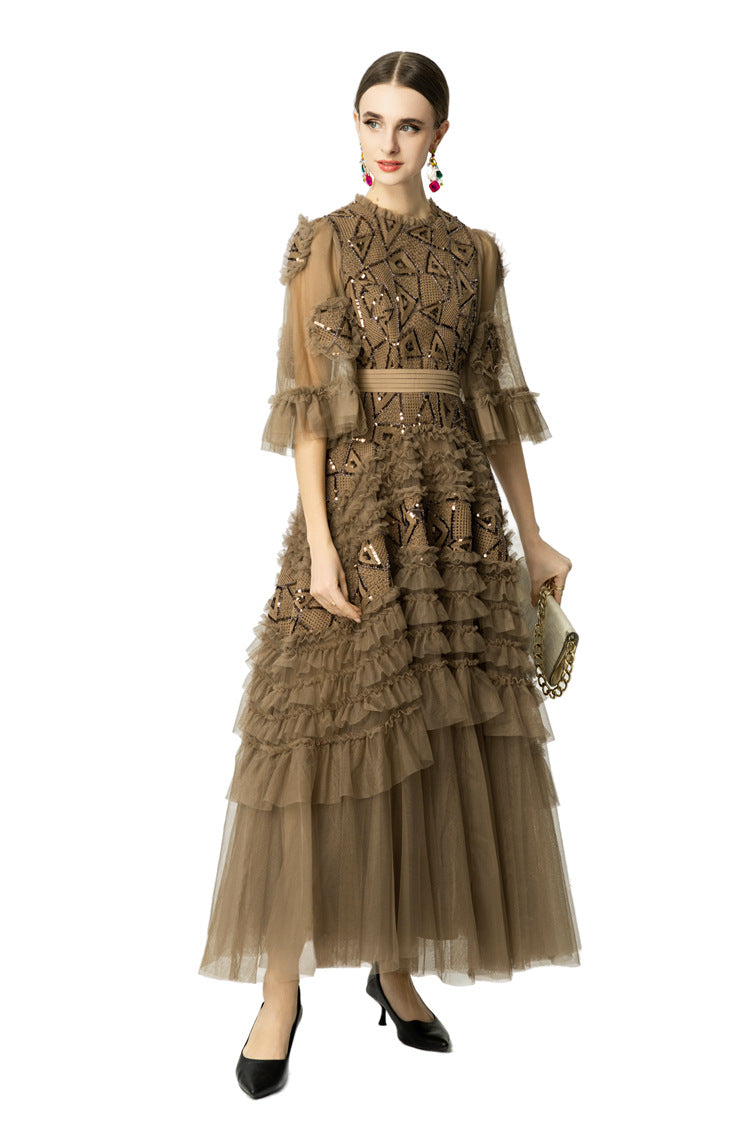 Taupe Geometric Sequin Tiered Tulle Maxi Dress SP10040