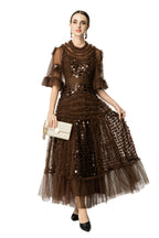 Brown Sequin Ruffled Tiered Organza Maxi Dress SP10061