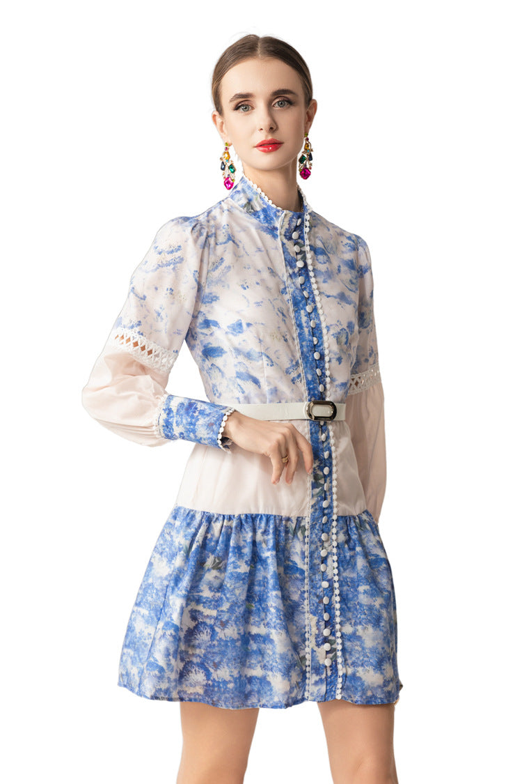 Blue White Porcelain Print Lace Cutout Shirt Dress with Belt SP10065