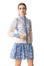 Blue White Porcelain Print Lace Cutout Shirt Dress with Belt SP10065