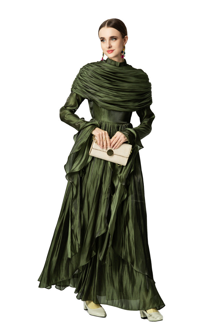 Olive Green Satin Draped Shawl Maxi Dress SP10053