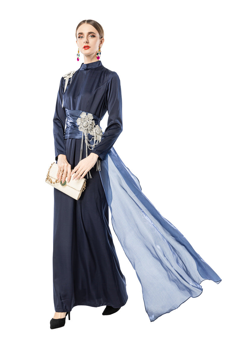 Navy Blue Satin High Neck Evening Gown with Beaded Floral Tassels SP10104