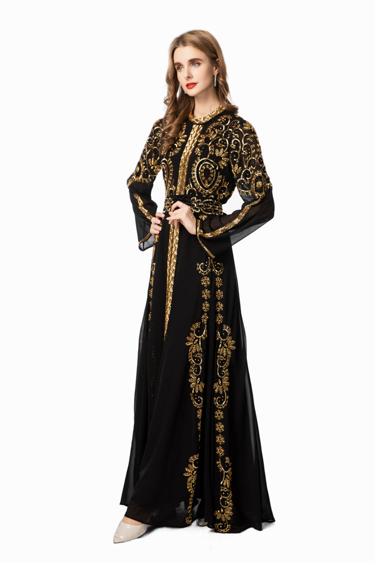 Black & Gold Sequin Embellished Middle Eastern Maxi Dress SP10021