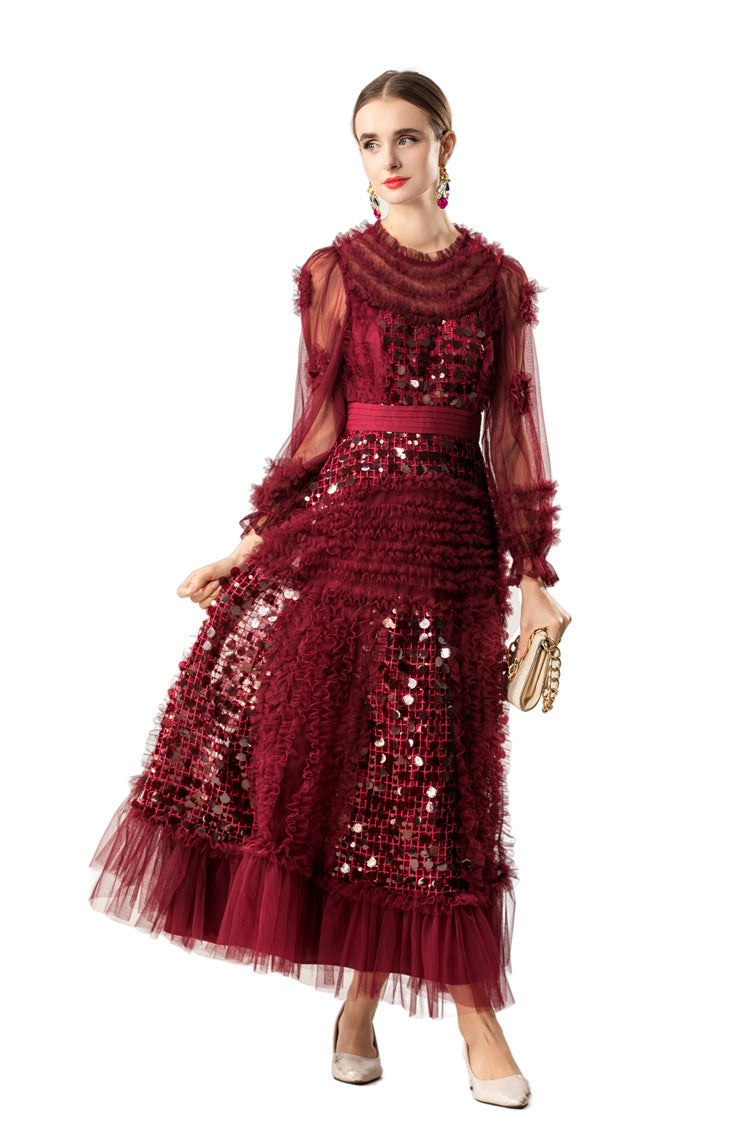 Burgundy Sequin Ruffled Tiered Tulle Midi Dress SP10076