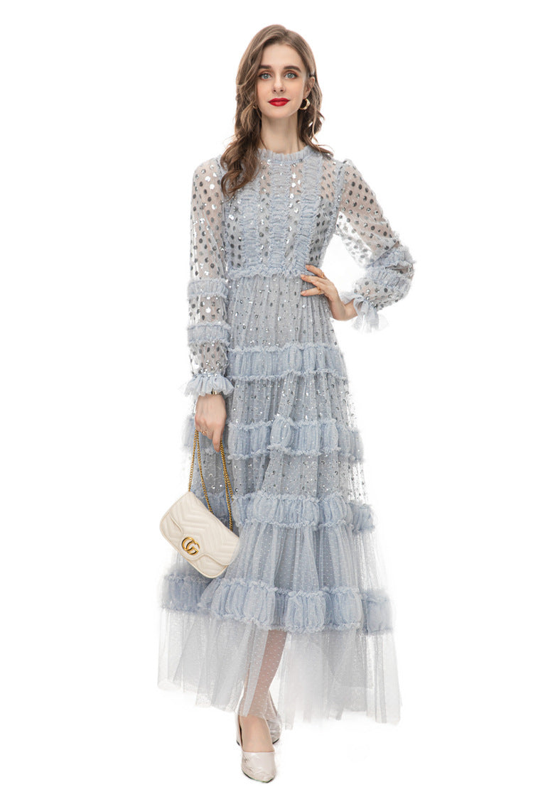 Light Blue Sequin Ruffled Tulle Tiered Maxi Dress – French Luxury Evening Gown SP10010