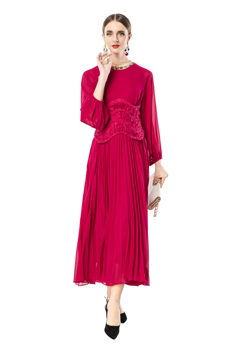 Sheer Puff Sleeve Embroidered Waist Pleated Midi Dress SP10094