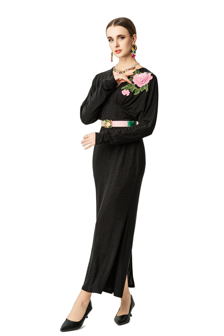 V-Neck Batwing Sleeve Peony Embroidery Mermaid Dress SP10048