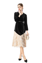 Velvet V-Neck Lace Patchwork Midi Dress SP10090