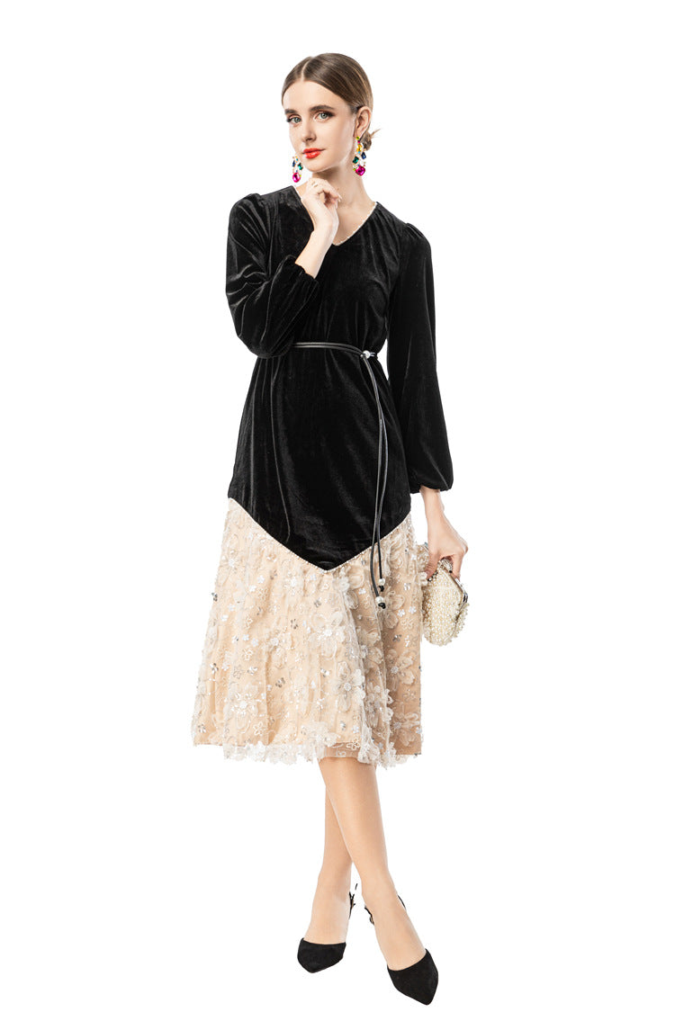 Velvet V-Neck Lace Patchwork Midi Dress SP10090
