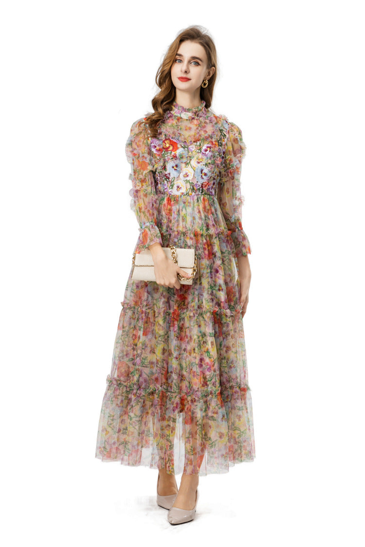 Colorful Floral Embroidered Tiered Tulle Midi Dress SP10019