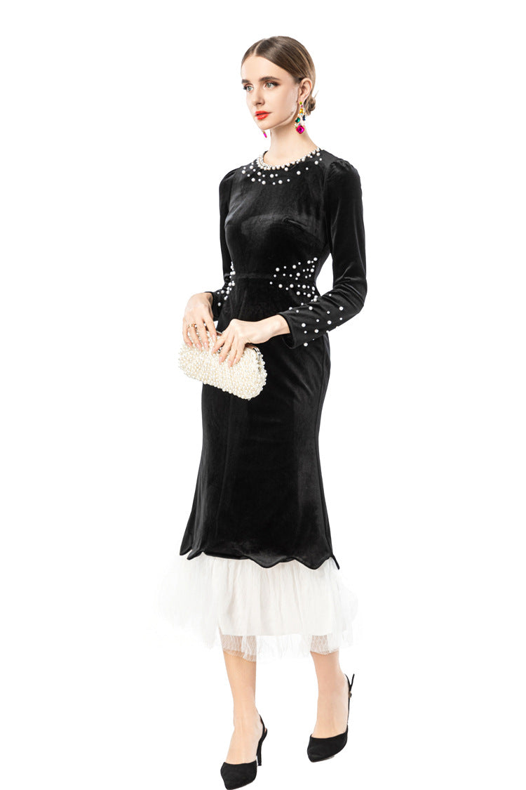 Black Velvet Mermaid Dress with Pearl Embellishments & Tulle Hem SP10114