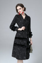 Black Tweed Faux Fur Trim Double Breasted Midi Coat – Luxury Winter Overcoat SP10034