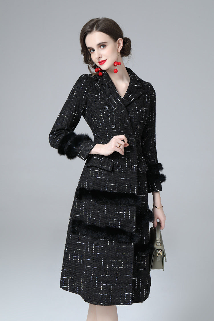 Black Tweed Faux Fur Trim Double Breasted Midi Coat – Luxury Winter Overcoat SP10034