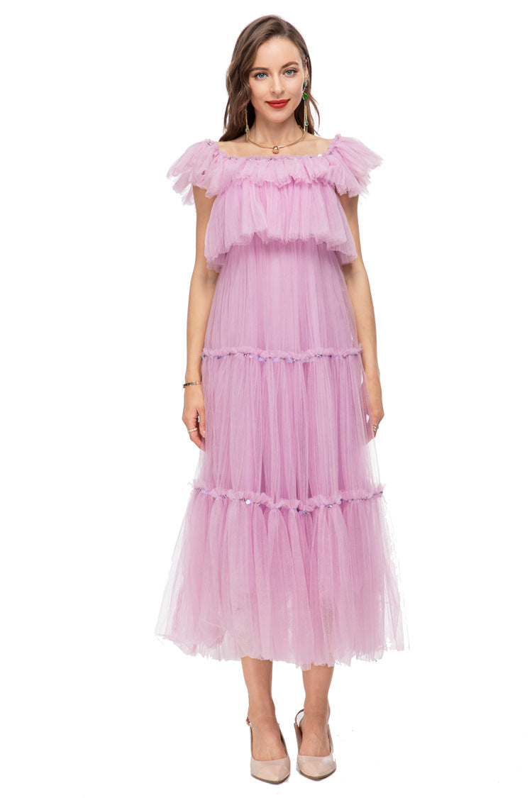 Lavender Tulle Off Shoulder Tiered Midi Dress – Fairy Party Gown SP10014