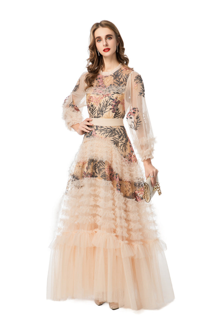 Nude Floral Embroidered Tiered Tulle Maxi Dress SP10008