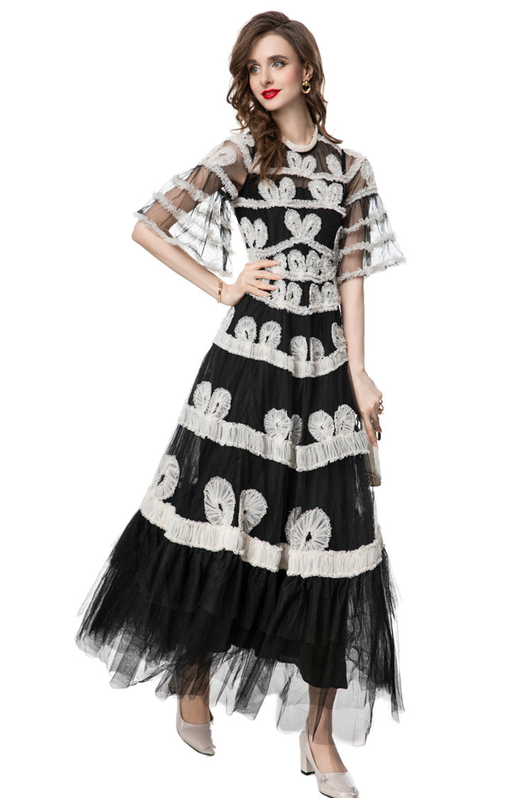 Black & White 3D Floral Embroidered Tiered Tulle Maxi Dress SP10028