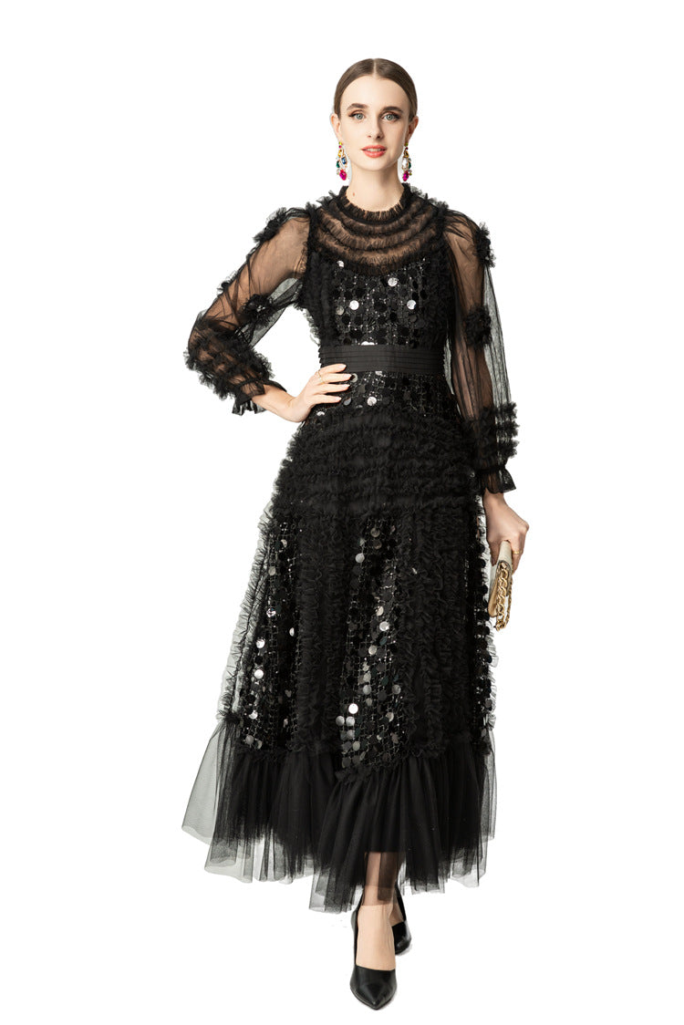 Black Sequin Ruffled Tiered Tulle Maxi Dress SP10062