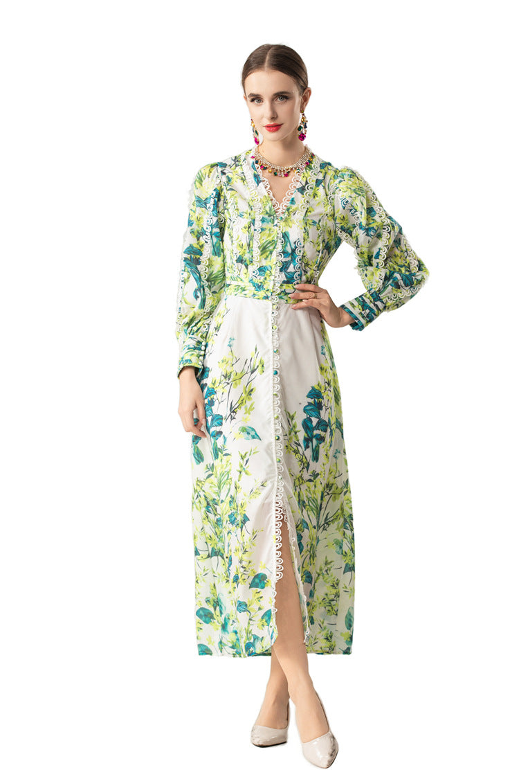 Green Floral Print Lace Trim Button Front Slit Maxi Dress SP10066